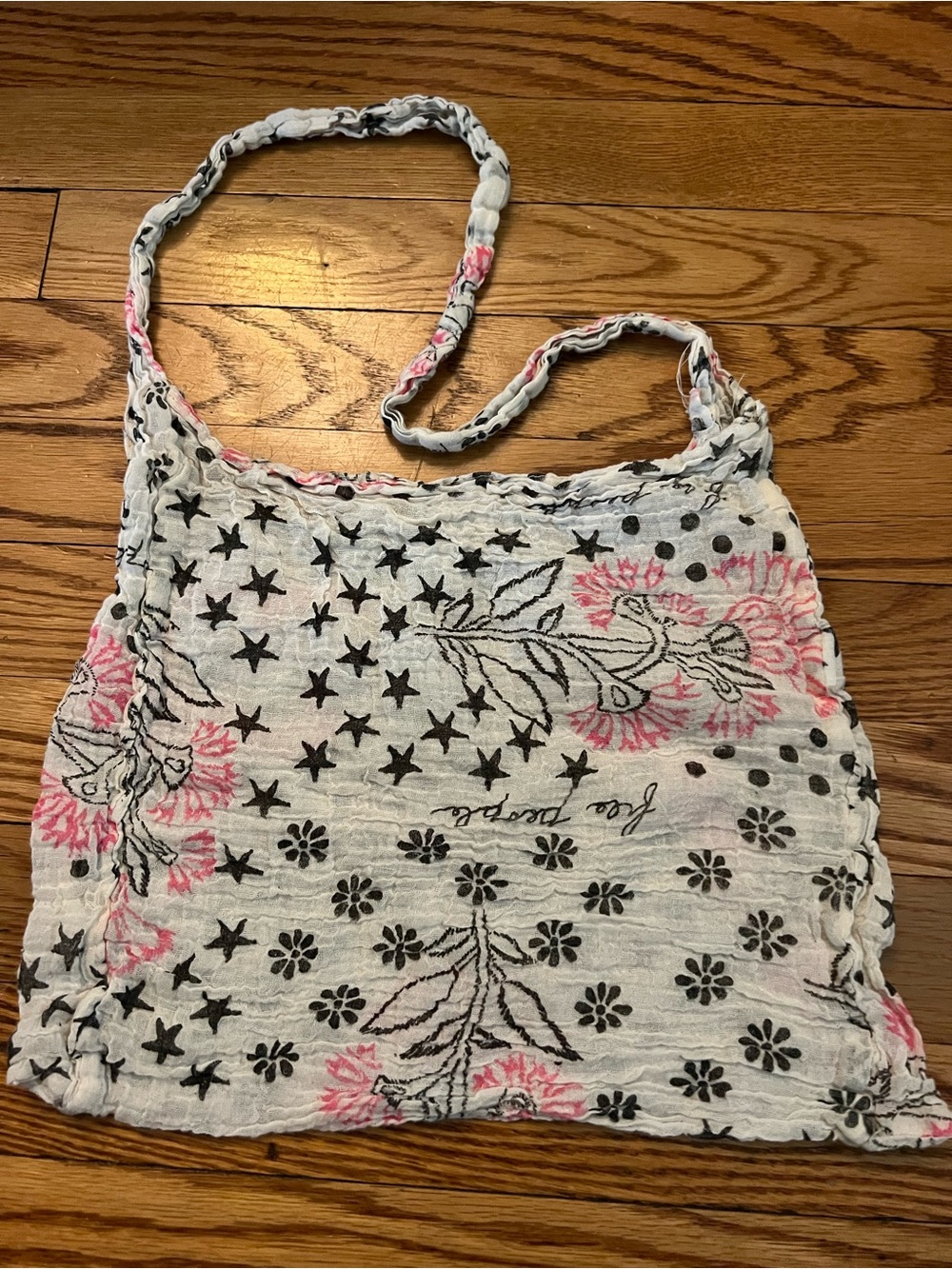 Free People White Floral & Star Print Cotton Tote with Pink Accents